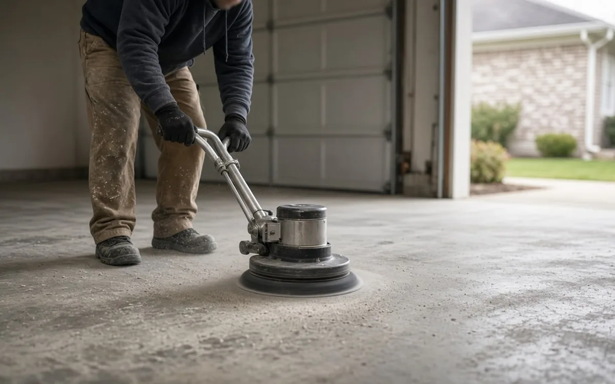 Worker guiding a walk-behind disc grinder across a bare concrete garage slab with the overhead door open