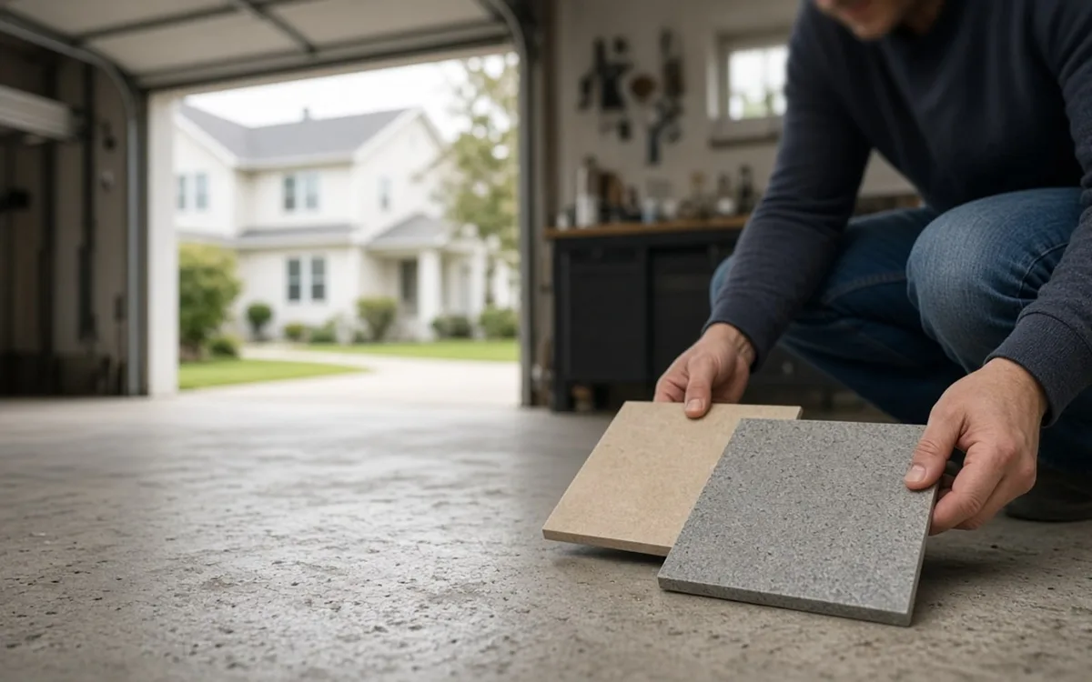 Person crouched on a bare garage slab holding a tan and a grey coating sample, open door and white house behind