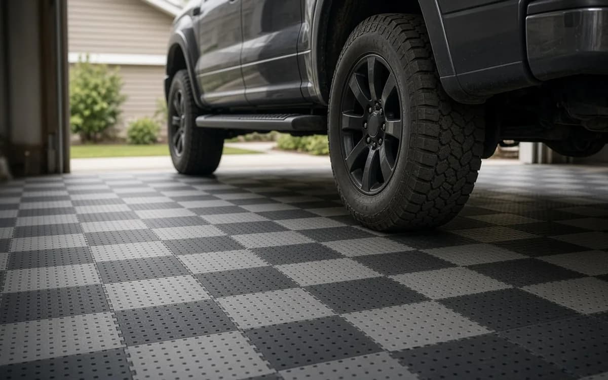 Low view of a pickup truck's tyres on grey and charcoal checkerboard perforated interlocking garage floor tiles