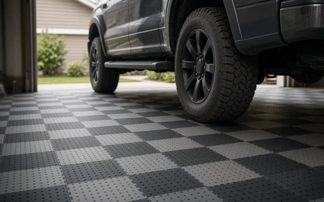 Low view of a pickup truck's tyres on grey and charcoal checkerboard perforated interlocking garage floor tiles