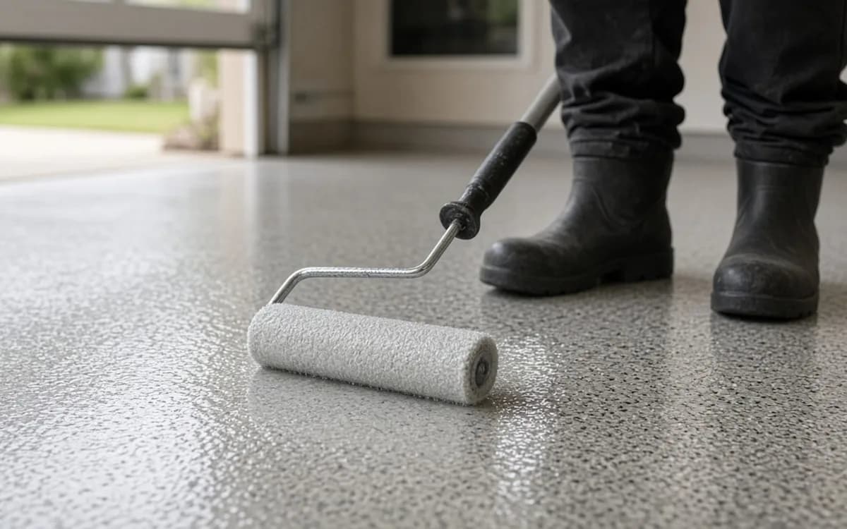 Roller on an extension pole spreading clear topcoat over a grey flake garage floor, rubber boots beside it