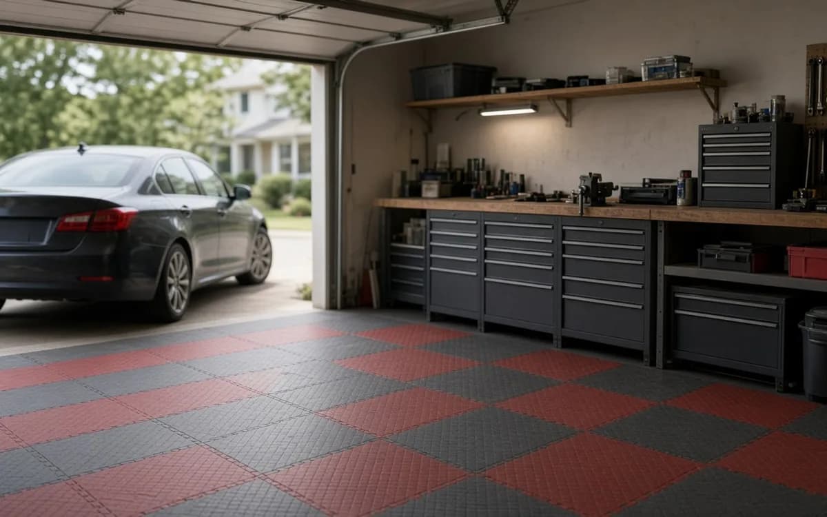 Red and charcoal checkerboard garage floor tiles in front of grey tool cabinets and a workbench, dark car outside