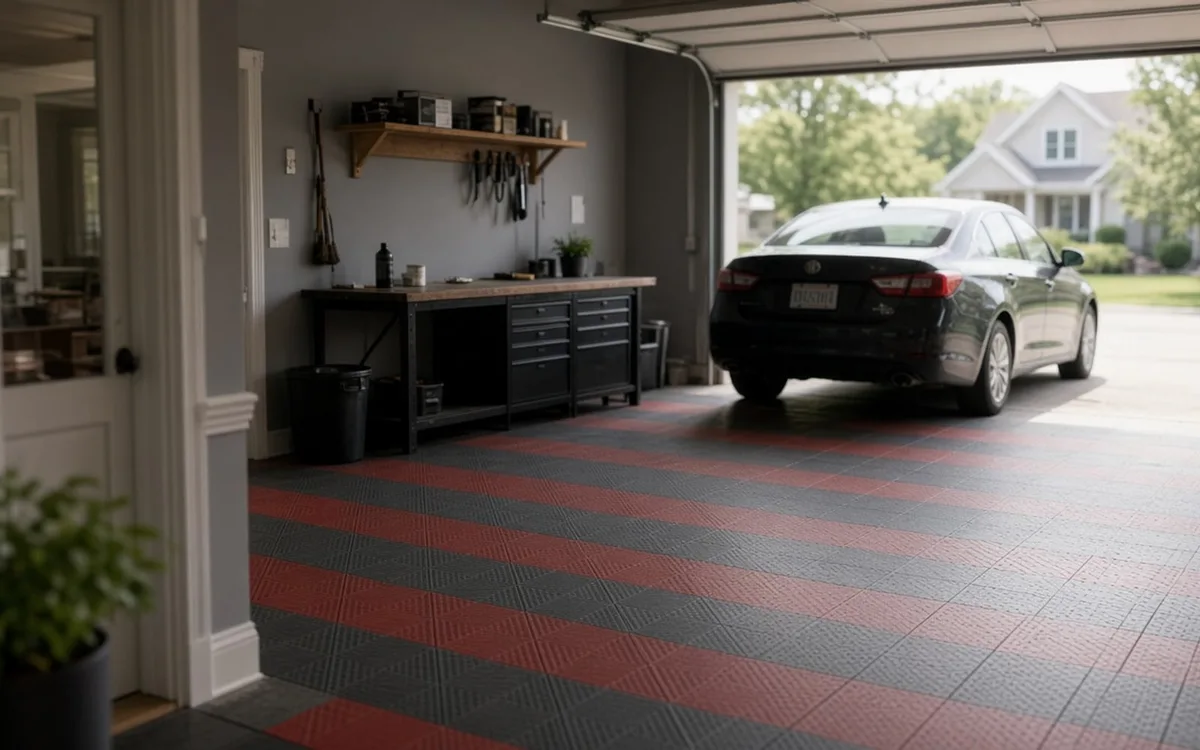 Striped red and charcoal tile garage floor viewed from a doorway, black sedan parked at the open door and a workbench