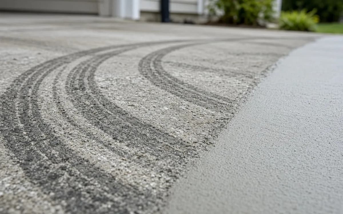 Low close-up of dark tyre marks on worn bare concrete meeting a clean smooth grey coated strip