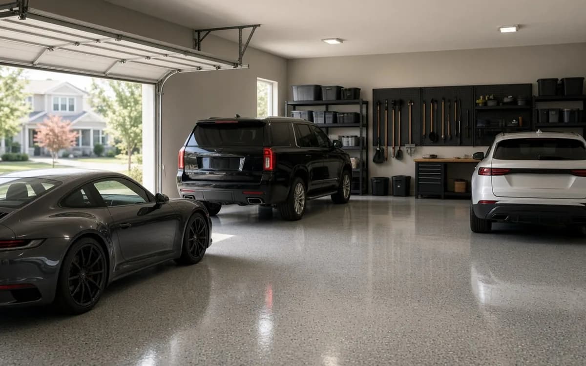 Three-car garage with a glossy light speckled flake floor, a black SUV, a dark sports car, a white car and wall storage