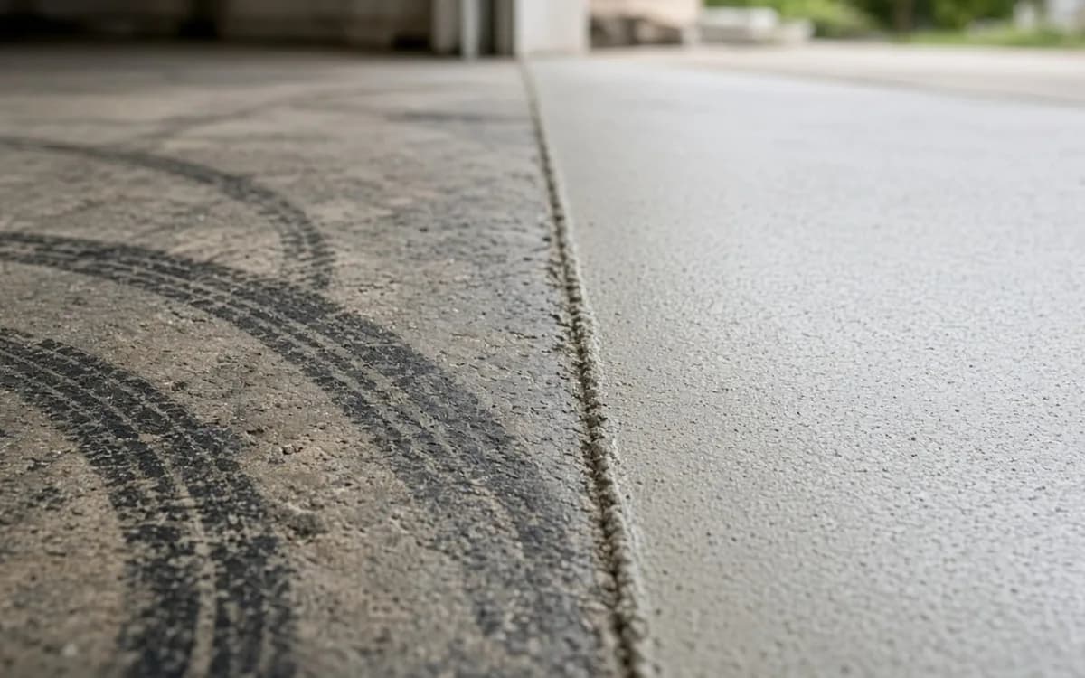 Close-up of tyre tracks on stained bare concrete beside a crisp edge of fresh smooth grey floor coating