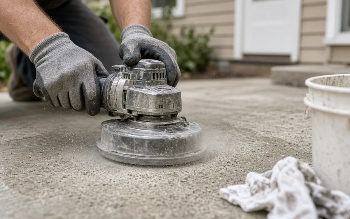 Walk-behind planetary diamond grinder with a dust extractor hose profiling a bare two-car garage slab