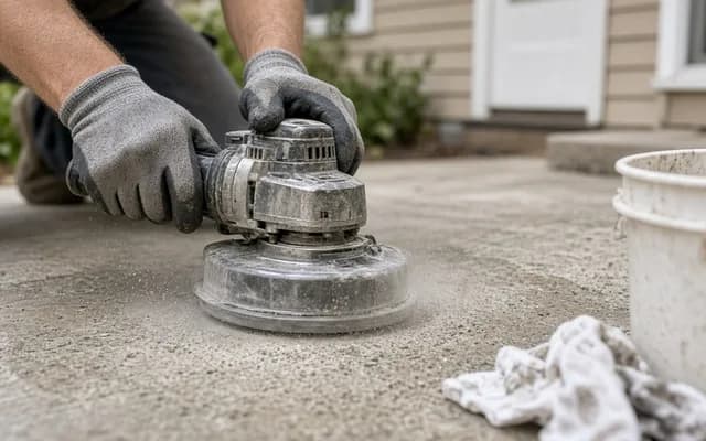 Gloved hands running a handheld cup-wheel concrete grinder over a slab, dust haze, bucket and rag nearby