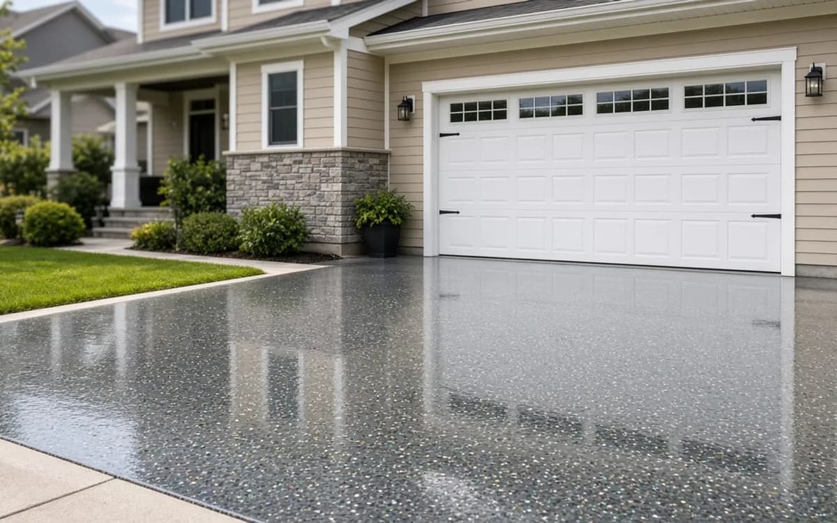 Installer rolling a clear topcoat over a flake-broadcast epoxy garage floor with a squeegee and spiked shoes
