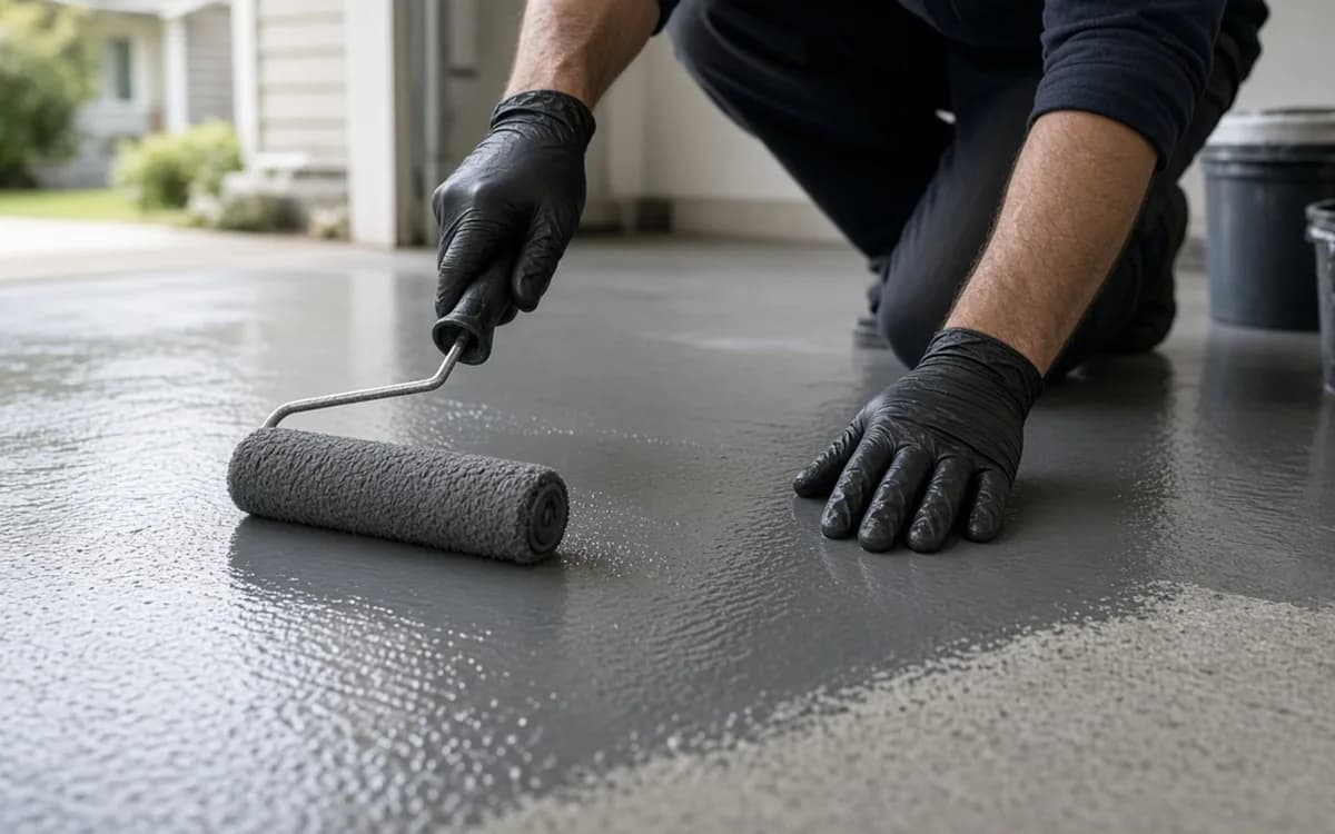 Installer rolling a clear topcoat over a flake-broadcast epoxy garage floor with a squeegee and spiked shoes