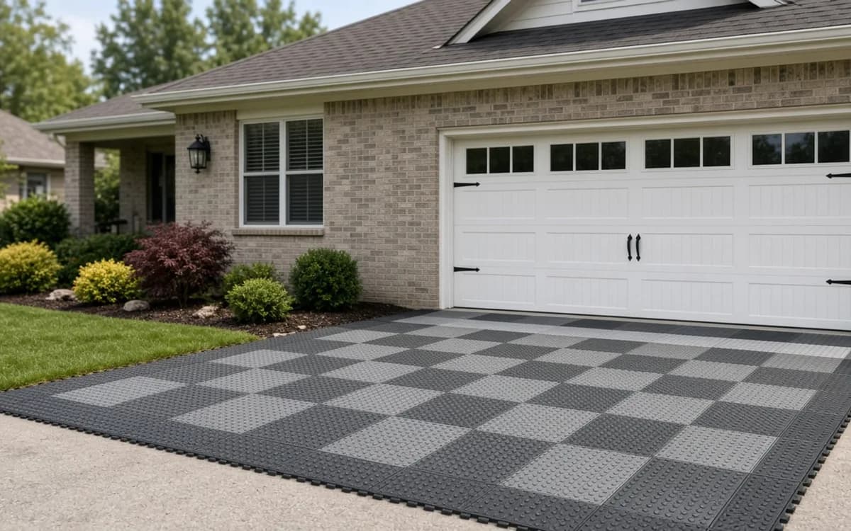 Black and gray checkerboard interlocking polypropylene tiles covering a two-car garage floor with a beveled edge at the door