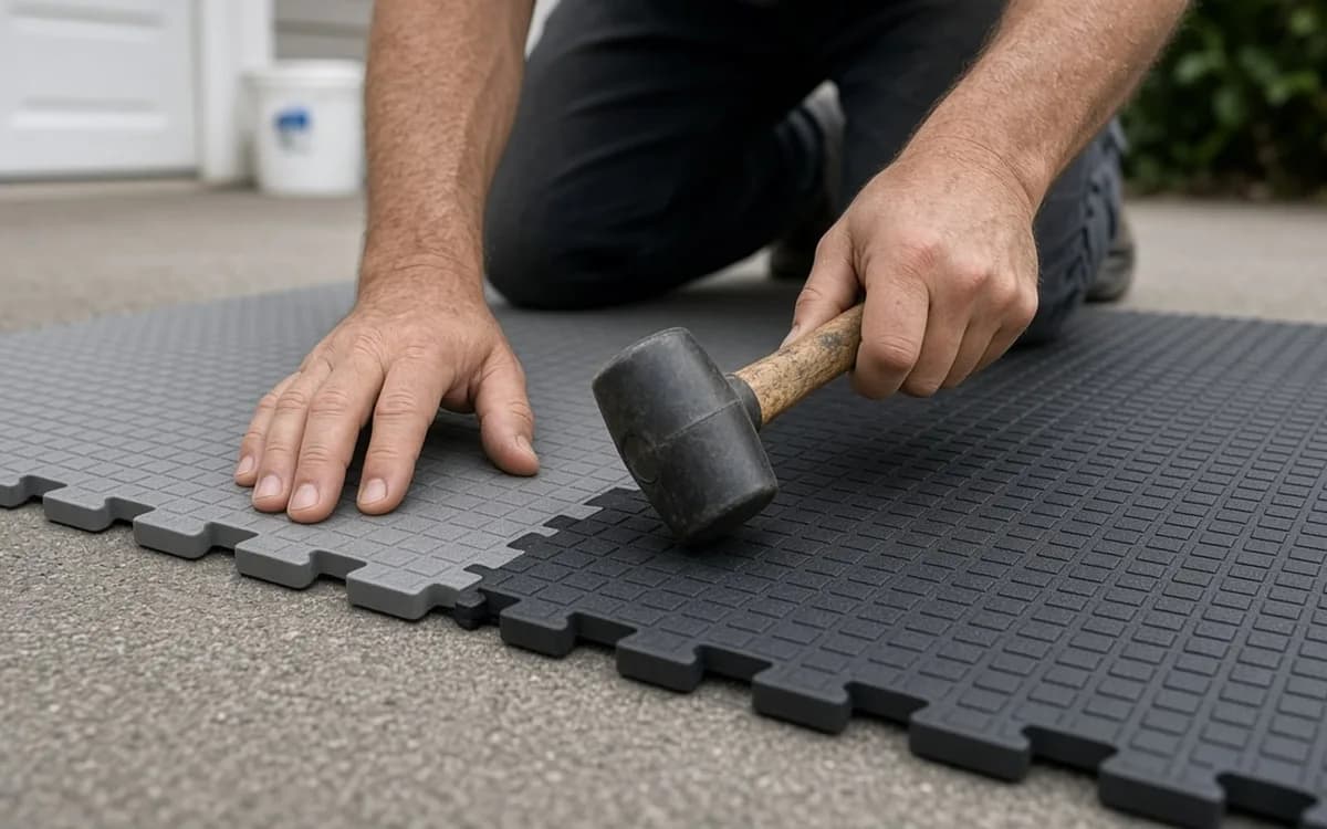 Hands tapping dark grey interlocking floor tiles together with a rubber mallet on a concrete slab