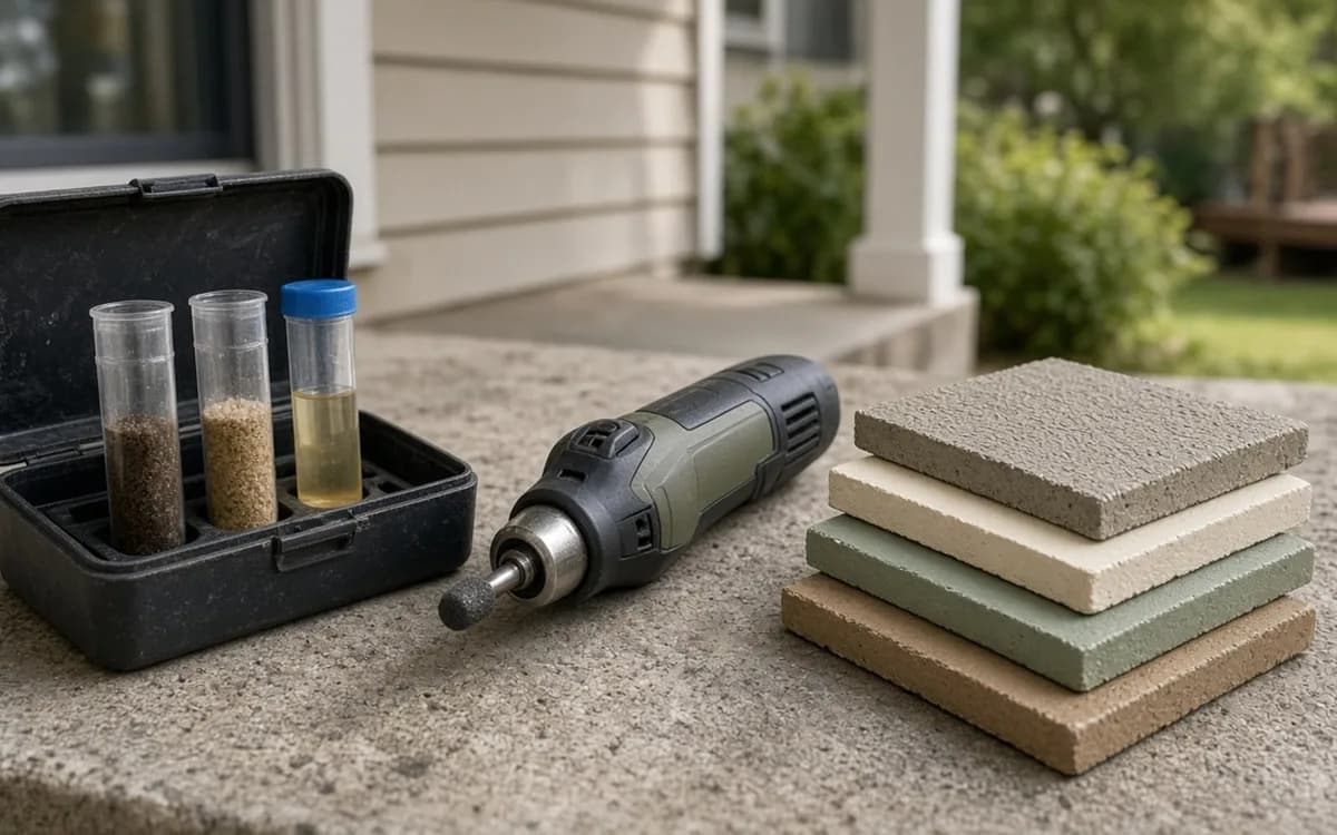 Test vials of sand and liquid in a case, a rotary tool and stacked coloured coating sample squares on a concrete ledge