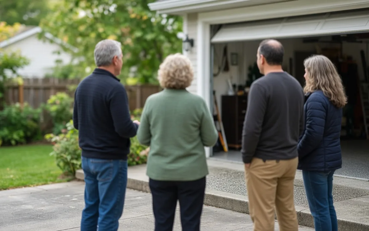 Four people on a driveway looking into an open garage with bare concrete floor and cluttered shelves