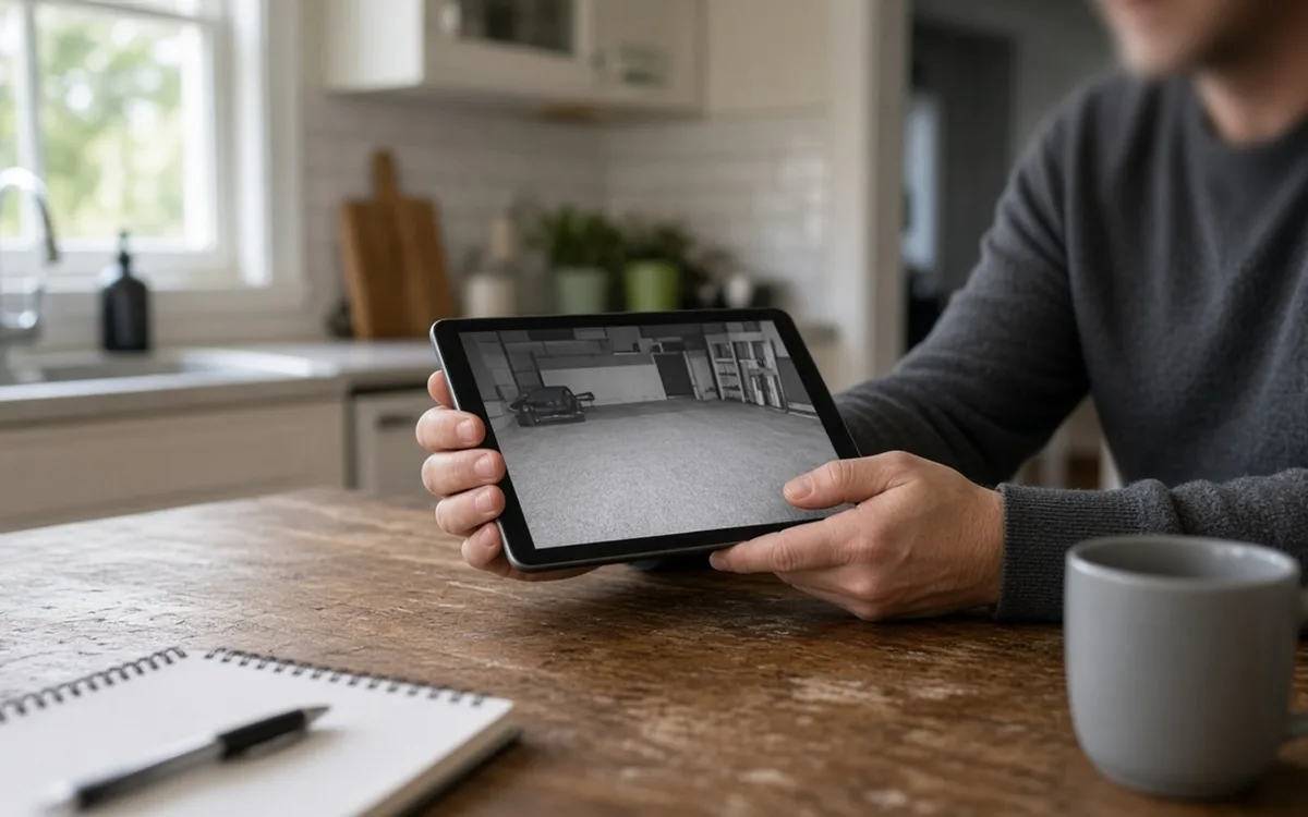Person at a kitchen table holding a tablet showing a grey coated garage floor, with a notebook and mug