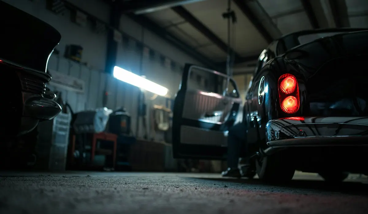 Workshop garage with cars and exposed concrete flooring