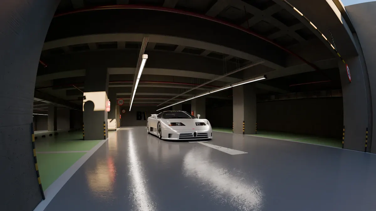 Covered parking area with a reflective grey floor