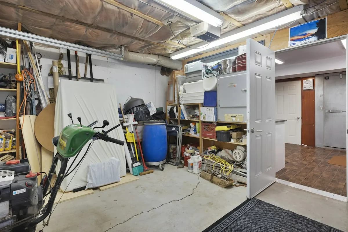 Garage utility and storage area with a bare concrete floor